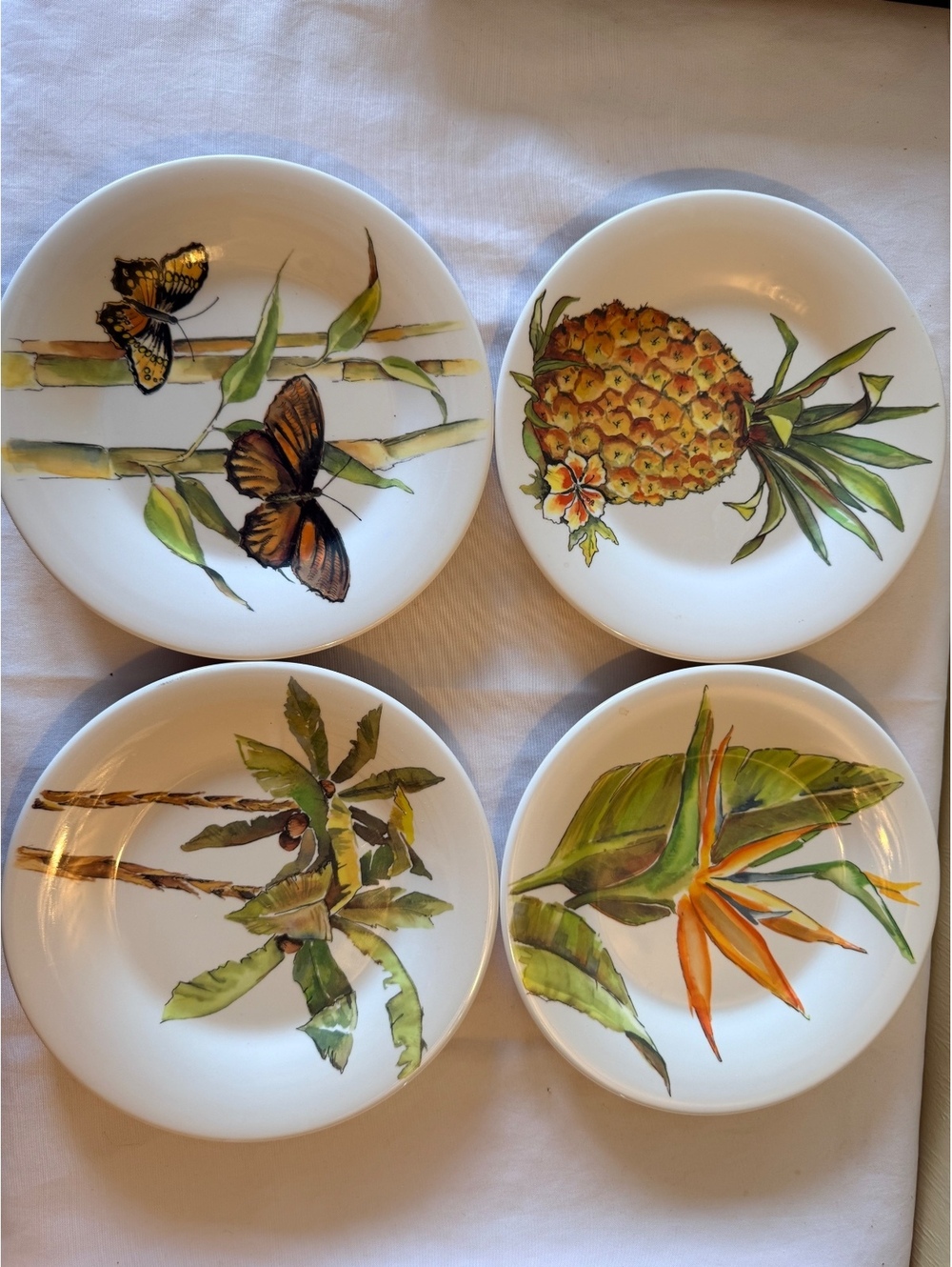 Set of 4 Tropical-Themed melamine Plates with Pineapple, Butterfly, Palm Tree